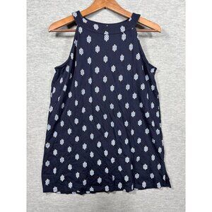 J Jill Womens Tank Top Sz M Navy Blue Floral Print Sleeveless